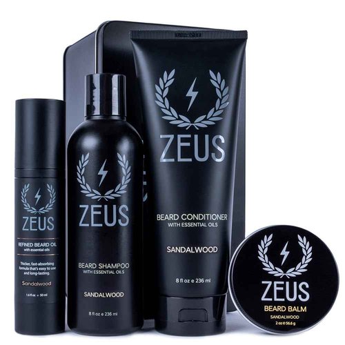 ZEUS Everyday Beard Care Kit for Men, Beard Shampoo, Conditioner, Refined Oil & Styling Balm, Softens, Hydrates, Tames & Strengthens (Made in USA) Sandalwood