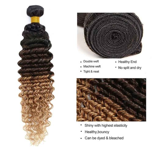 Freiuoke Black and Blonde Human Hair Extensions 4/27 Deep Wave Bundle 8A Brazilian Virgin Hair 3 Bundles 18 20 22 Inch Honey Blonde Deep Wave Bundles