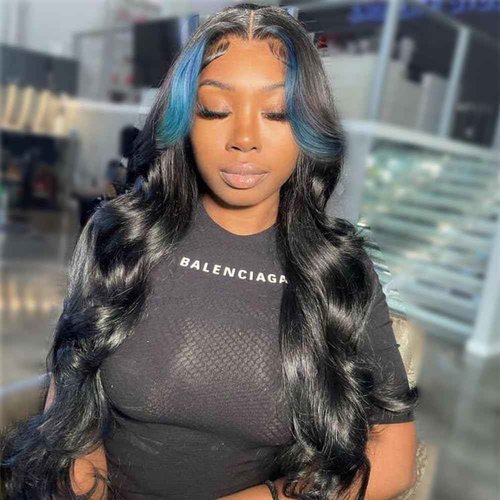 JYZ Skunk Stripe Wig Human Hair Dark HD Blue Lace Front Wig Human Hair Wavy 13X4 Blue Colored Wigs 200% Density Pre Plucked with Baby Hair 18inch Middle Part