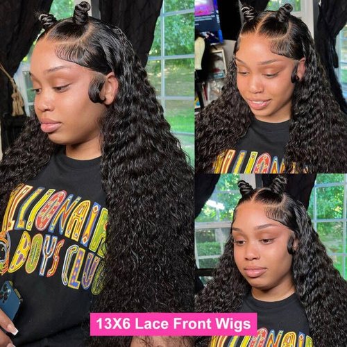 Ferzzon 13x6 Deep Wave Lace Front Wigs Human Hair Wig 180 Density Deep Curly Lace Frontal Glueless Human Hair Lace Front Wig Pre Plucked Natural Black 24 Inch