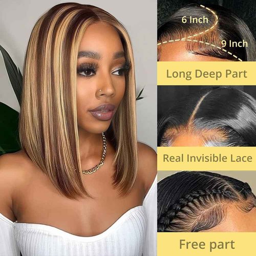 Ombre Bob Wig Human Hair 4/27 Highlight Honey Blonde Lace Front Bob Wigs Human Hair 200% Density Glueless Wigs Human Hair Pre Plucked Pre Cut 9x6 HD Lace Front Wigs Human Hair for Black Women 16 inch
