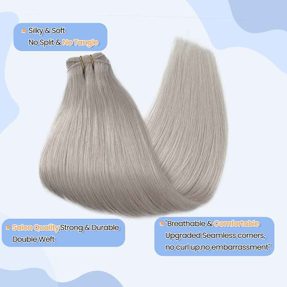 24Inch Silver Grey Human Hair Bundles 120Gram 100% Brazilian Silky Straight Sew in Extensions Double Weft Grey Human Hair Bundles for Women Hand Tied Weft Hair Extensions Silver Sew in Hair Bundles