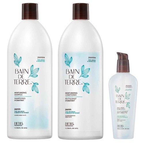 Bain de Terre Moisturizing Shampoo and Conditioner Set & Shine Serum | Jasmine | Hydrates & Moisturizes Dry, Damaged Hair | Argan & Monoi Oils | Paraben Free | Color-Safe | 33.8 Fl Oz