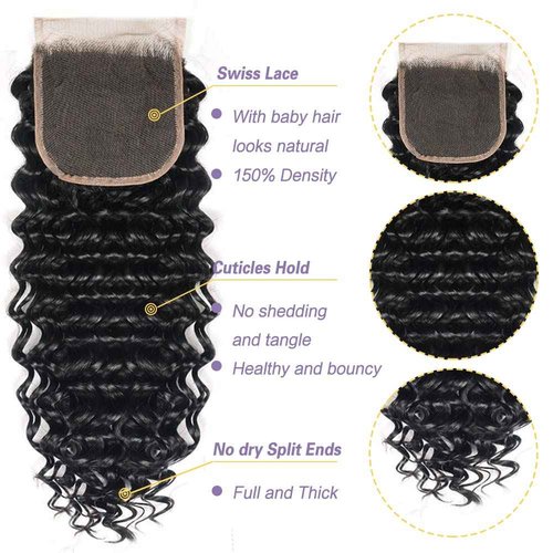 Deep Wave Bundles With Closure (18 20 22+16) Wet and Wavy Human Hair 10A Brazilian Virgin Curly Hair Weave 3 Bundles With 4x4 HD Lace Closure Free Part Natural Color