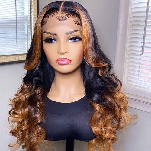 QTIKER Body Wave Ombre Honey Blonde Highlights Human Hair Wig 13x4 Transprent HD Lace Frontal Wig Brazilian Human Hair Wigs Pre Plucked With Baby Hair 150% Density (18Inch)