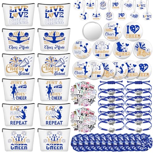 Lyrow 160 Pcs Cheerleader Gifts Bulk for Team Cheer Scrunchies Hair Ties Makeup Bag Cheer Mirror Bracelet Keychain Sticker for Back to School(Blue)