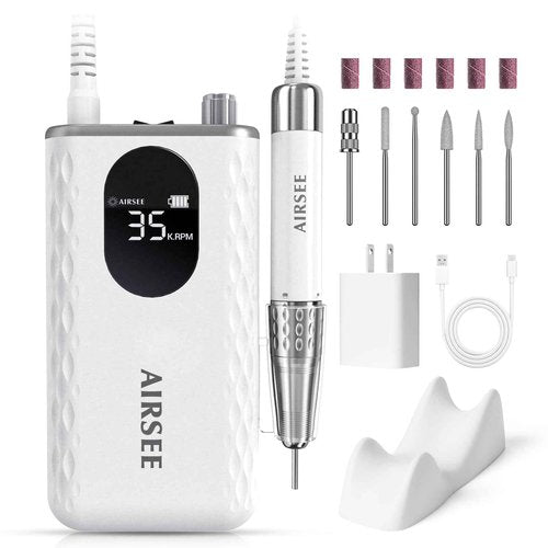 AIRSEE Updated Professional Nail Drill,Rechargeable Cordless Efile Machine for Acrylic Extension Gel Dip Powder Powerful Portable Efile 56 Sanding Bands 7 Bits,Low Noise Low Heat,G7 White