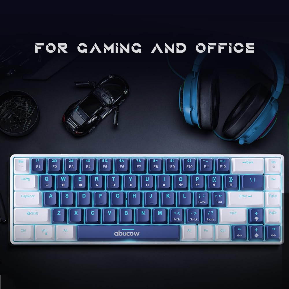 abucow 60% Mechanical Keyboard with Blue Backlight 68-Key Gaming Keyboard Dark Blue-White Keycaps - Red Switches for a Premium Typing and Gaming Experience PC Mac (Dark Blue-White)