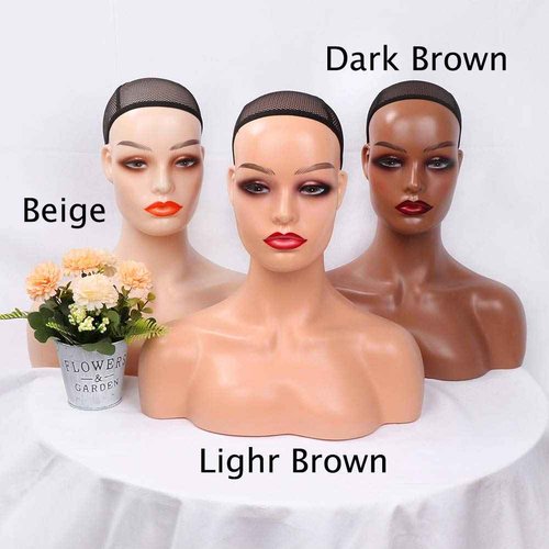 Realistic Female Mannequin Head with Shoulders for Display - Manikin Head with Shoulder for Wig/Jewelry/Makeup/Hat/Sunglass Display (Dark Brown)