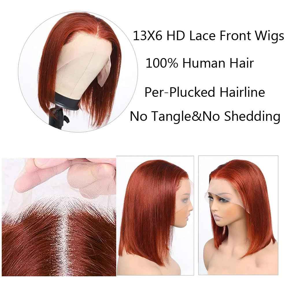 13x4 Lace Front Wigs Human Hair Brown,Reddish Brown hd Lace Front Bob Wigs for Black Women,10Inch Glueless Wigs Per-Plucked with Baby Hair Straight Short Wig Auburn Brown Lace Frontal Wig180% Density