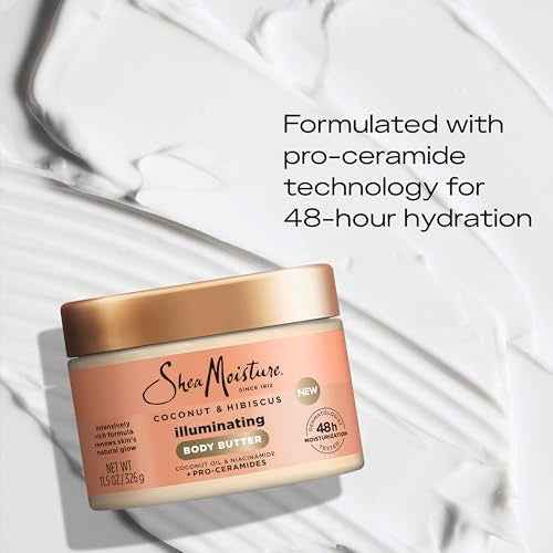 SheaMoisture Illuminating Body Butter with Coconut & Hibiscus, Niacinamide and Pro-Ceramides, Renewing Skin¡¯s Natural Glow, 48H Moisturizing 11.5 oz