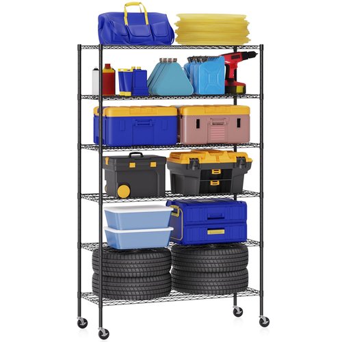 BestOffice | 6-Tier Wire Storage Shelves with Wheels | 48x18x77 | Black | Adjustable Racks | Heavy-Duty Metal Shelf, Holds Upto 600 lbs | No-Tool Assembly | Ideal for Home & Garage Shelving
