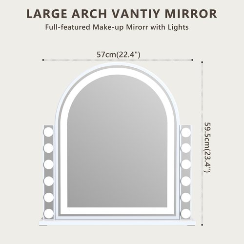FENCHILIN Arch Vanity Mirror with Light 23.4"x22.4" Arched Makeup Mirror Lighted Hollywood Mirror with 12 Dimmable Bulbs and Light Strip with Smart Control 3 Color Modes White