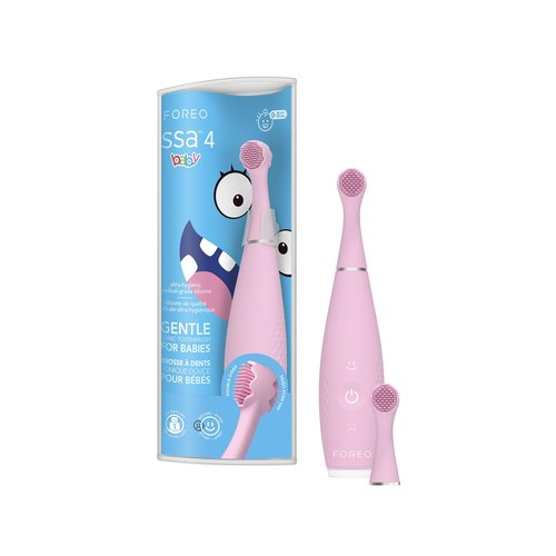 FOREO ISSA 4 Baby – Silicone Sonic Electric Toothbrush Bundle for Babies, 2-Sided Bristles, Fun Smile Feature, Gum Massage, 12 Months of Care with Extra Brush Head, Travel-Friendly - Pearl Pink