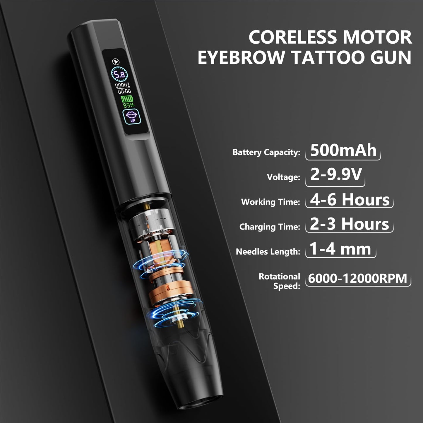 Professional Microblading Tattoo Gun Kit, Wireless Eyebrow Tattoo Pen Machine Kits, Complete Microblading Supplies with 2Pcs 500 mAh Battery, 20Pcs Cartridge Needles for Artists (Black)