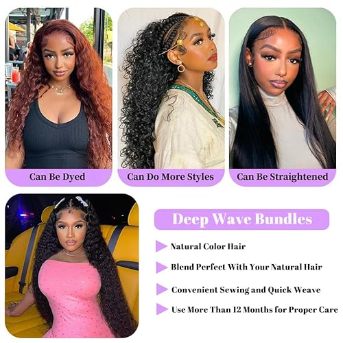 Deep Wave Human Hair Bundles 16 18 20 Inch Deep Wave Bundles 100% Unprocessed Brazilian Virgin Hair 3 Bundles Curly Bundles Hair Extensions Real Human Hair Wavy Quick Weave Bundles Natural Black