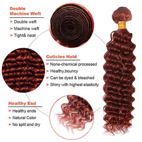Copper Bundles Deep Wave Human Hair Extensions - 24, 26, 28 Inch - Reddish Brown - Peruvian Virgin Hair - 3 Bundles