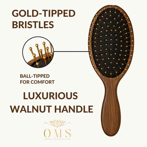 ORGANIC MODERN SOLUTION Luxury Styling Hair Brush, Gold Plated Steel Bristles, Walnut Wood Handle, 9x3.5 Inch, Scalp Massage, Gua Sha, Detangling, Reduces Breakage