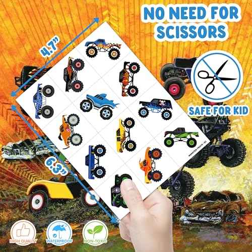 96 PCS Monster Truck Race Car Pre-Cut Temporary Tattoos for Kids | Super Cute Themed Birthday Party Favors, Supplies, Decorations, Fake Tattoo Stickers, Rewards & Gifts for Boys Girls