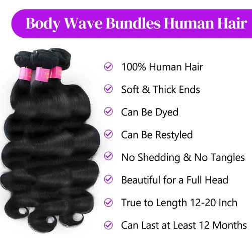 12A Body Wave Bundles Human Hair 16 18 20 Inch Human Hair Bundles 100% Unprocessed Brazilian Virgin Hair 3 Bundles Human Hair Extensions for Women Quick Weave Hair Natural Black