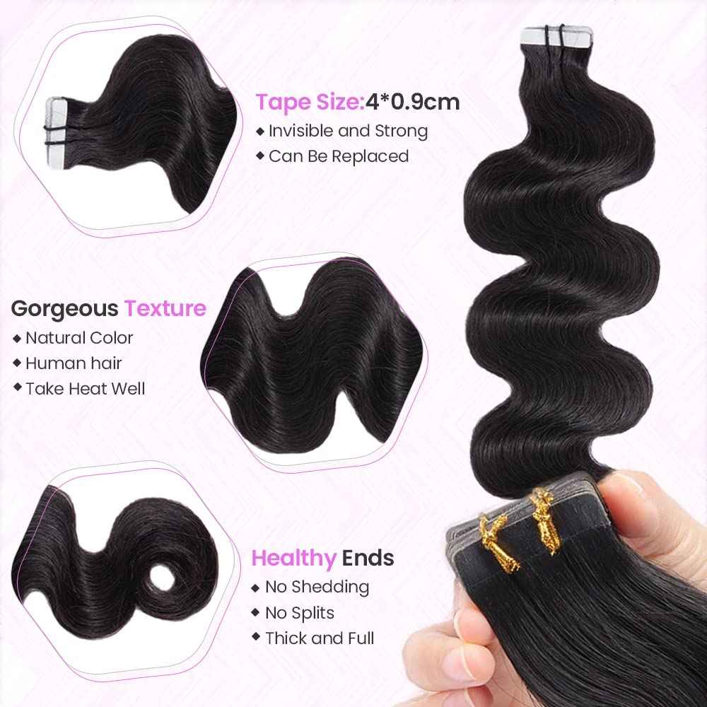 24 Inches Long Body Wave Tape in Hair Extensions 100Gram Human Hair Invisible Tape Ins Natural Black for Black Women Real Hair Tape in Extensions 40Pcs Double Sided Tapes Hair Extension