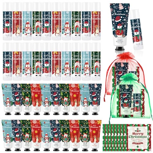 36 Set Christmas Hand Cream Gift Set, Including Moisturizing Christmas Hand Lotion, Xmas Lip Balm, Gauze Bags, Thank You Cards Natural Fragrant Xmas Hand Cream with Lip Balm Christmas Gifts