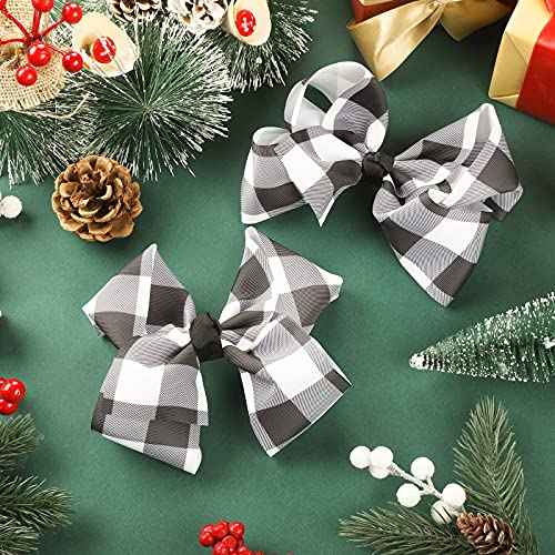Syhood 2 Pieces Hair Bows 6.3 inch Large Buffalo Plaid Hair Alligator Clips Gingham Hairpin for Christmas Accessories(Black White Plaid)