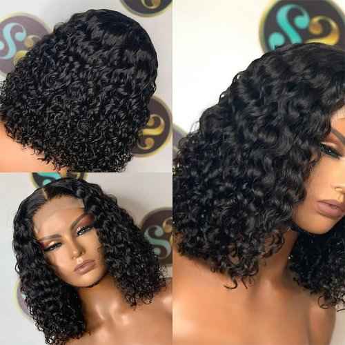 afsisterwig Water Wave 13x4 Lace Frontal Human Hair Wigs Transparent Curly Human Hair Wigs 4x4 Short Bob Wig HD T Part Wigs For Women(14inch, 4x4 Water Wave)