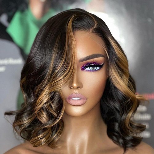 QTIKER Glueless Short Body Wave Lace Front Wigs Human Hair with Blonde Highlight Pre Plucked 13X4 HD Transaprent Lace Wigs Side Part Medium Part Frontal Bob Wig For Women (12inch, Blonde Highlight)