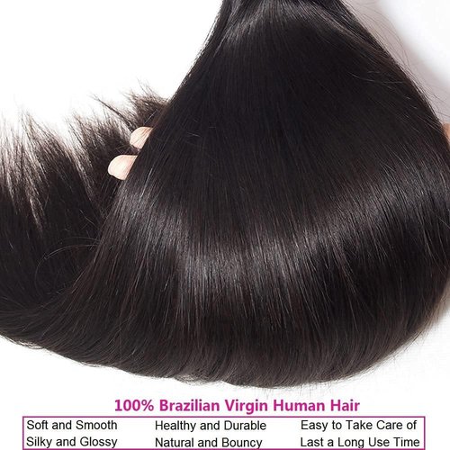 Selina Hair Straight 3 Bundles Human Hair 16 18 20 Inch with 4x4 Lace Closure Human Hair 14 Inch, 100% Unprocessed Brazilian Virgin Hair Extension for Women Natural Black(16 18 20 + 14" Closure)