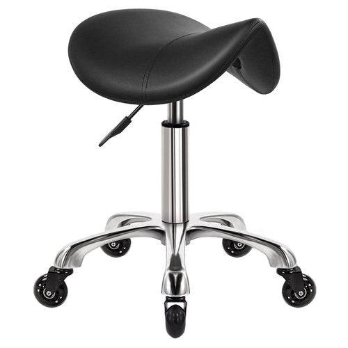 WKWKER Heavy Duty Saddle Rolling Stool With Wheels - Hydraulic Swivel Adjustable Chair, Ergonomic Thick Leather Seat for Kitchen, Drafting, Lab, Office, Salon, Message - Black