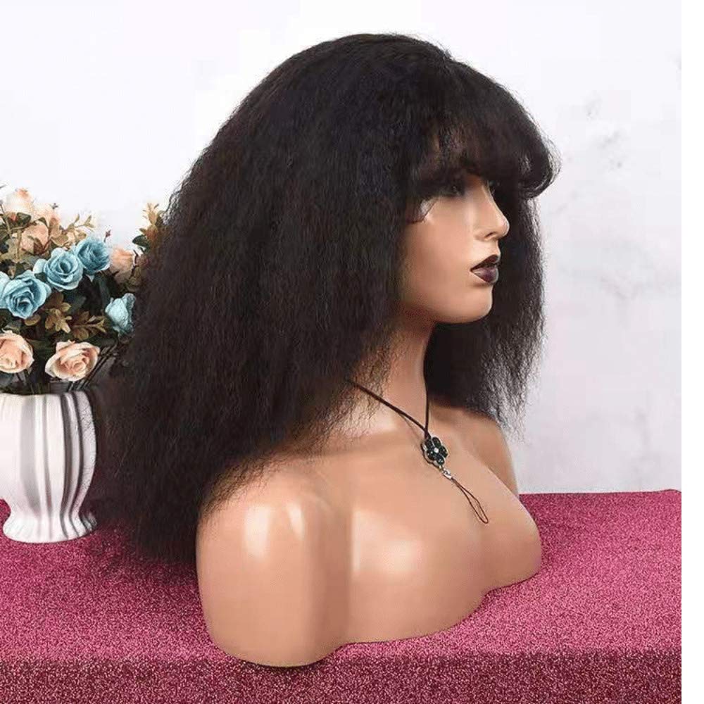 meishengzhiyuan Kinky Blow Out Wig With Bangs Human Hair None Lace Front Wig Glueless Kinky Straight Scalp Top Wig Full Machine Made Brazilian Remy Hair 150% Density Natural Color 14"