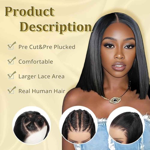 GUDOZO Bob Wig Human Hair 14 inch Glueless Wigs Human Hair Pre Plucked Pre Cut 9x6 HD Lace Front 200% Density Glueless Wigs Human Hair Short Straight Bob Wigs for Black Women
