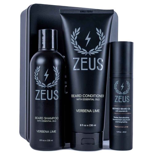 ZEUS Beard Care Starter Kit for Men, Natural Shampoo, Conditioner & Refined Oil, Soften, Hydrate & Strengthen Thick Facial Hair (Made in USA) Verbena Lime