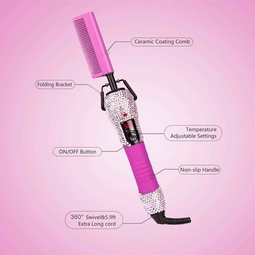 LURA Pink 180-500°F Hot Comb Electric for Wigs,Straightening Comb for African American Hair,Pressing Combs,Bling Diamonds Hair Straightener Brush for Women