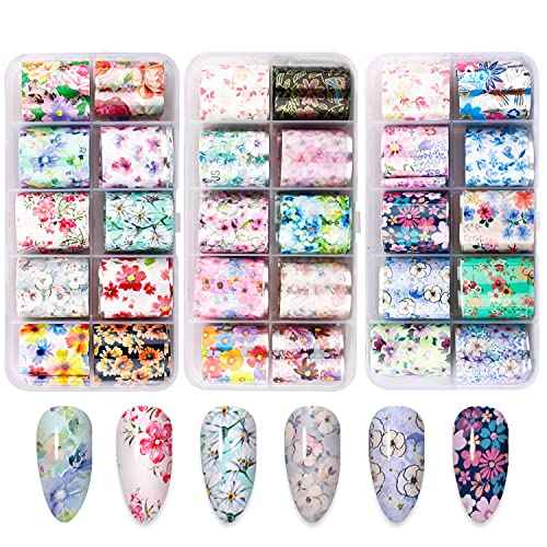 Nail Foil, DANNEASY 30 Rolls Nail Art Foil Transfer 3D Flower Stickers for Nails Blossoms Foils Nail Wraps for Nails Art Decorations Manicure Supplies