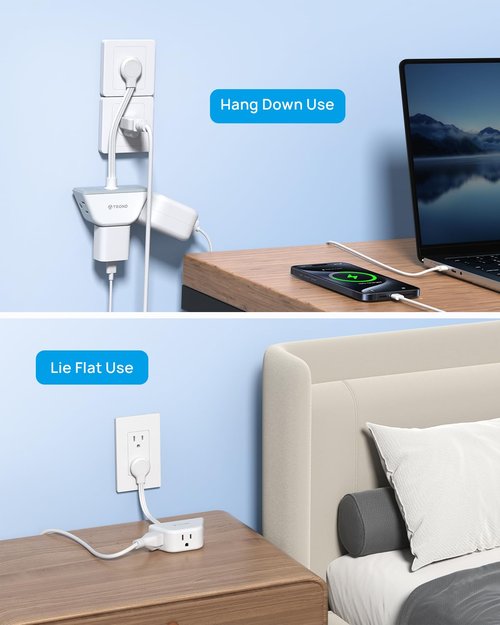 TROND Flat Outlet Extender with 6 Inch Cord - 3 Way Angled Plug Extension Outlet Adapter, Cruise Ship Essentials, Small Multiple Plug Splitter for Home Office Travel, White