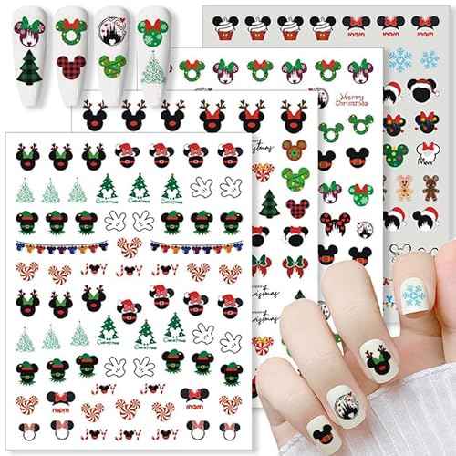 4 Sheets Christmas Nail Art Stickers Decals 3D Cute Animal Christmas Tree Snowflake Candy Self Adhesive Nail Design Nail Decals Xmas Nail Stickers for Women DIY Xmas Party Nail Decoration