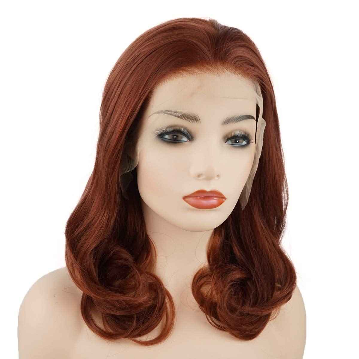 Meiyite Hair Wavy Shoulder Length 16inch Burgundy Red Half Hand Tied Heavy Density Synthetic Lace Front Wigs
