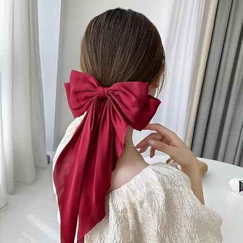 Cinaci 4 Pack Satin Silk Large Big Oversized Giant Long Tail Bow French Barrettes Ponytail Holder Christmas Red Green Hair Bows Alligator Hair Clips Ribbon Hair Accessories for Women Girls Teens