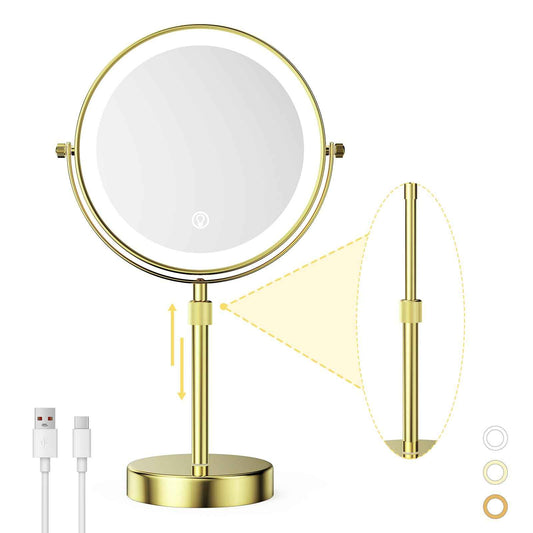 Nicesail 8” Rechargeable LED Magnifying Makeup Mirror with 3 Color Lights and 10X Magnification, Height Adjustable Stand up Lighted Magnifying Mirror, Double Sided 360°Rotation, Shiny Gold Finish