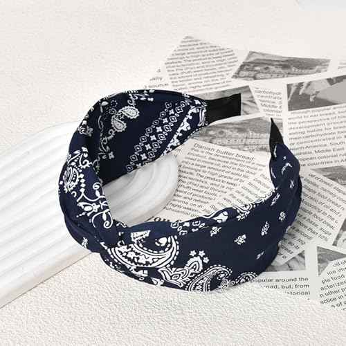 Guqqeuc Knotted Bandana Headband Paisley Boho Hairband for Women Girls Pattern Turban Head Bands for Women Wide Twist Hair Bands for Short Long Hair Accessories, Navy Blue