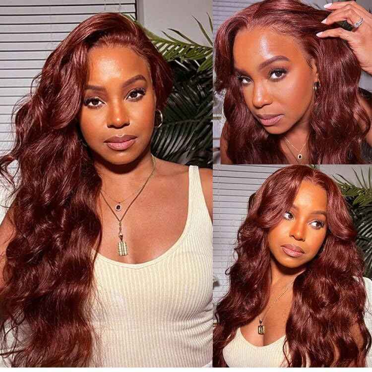 Geoyern Reddish Brown Lace Front Wig Human Hair Body Wave 13x4 HD Lace Front Wig Pre Plucked 200% Density for Black Women Copper Red Colored Body Wave Human Hair Wig (Frontal wig 33#, 24 Inch)