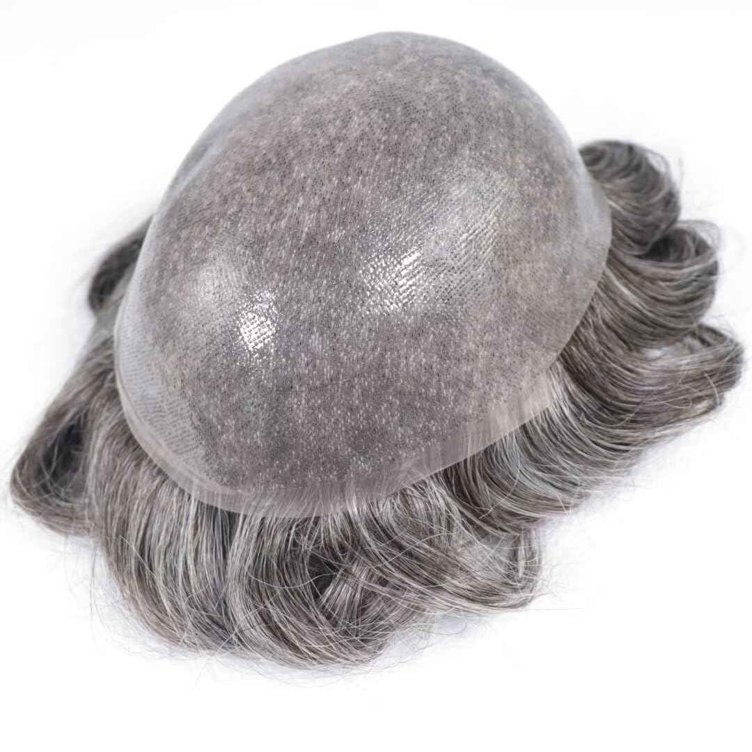 Grey Thin Skin Toupee for Men Hair System 8x10 Inch PU Poly Mens Toupee Human Hair Piece Replacement Hairpiece 450# Medium Brown with 50% Synthetic Gray