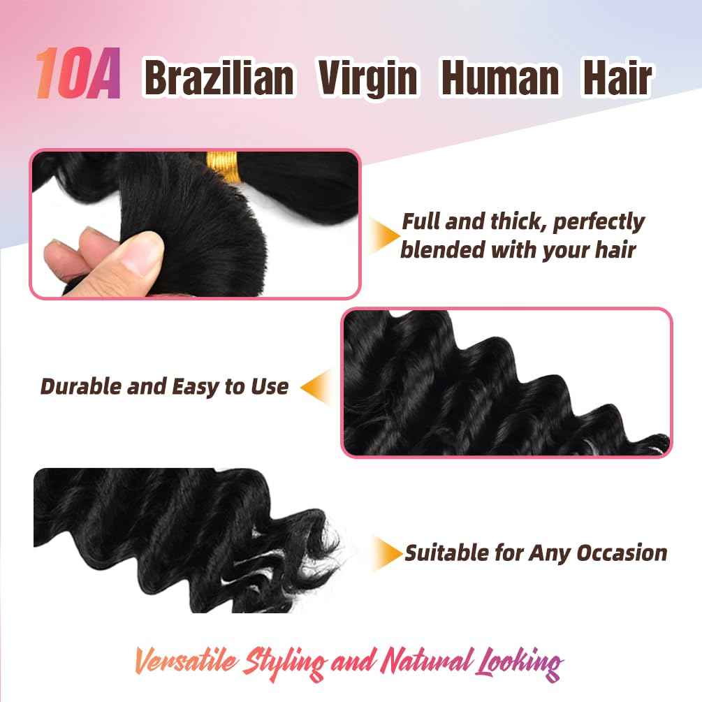Human Braiding Hair, 3 Bundle 150g 14 Inch Boho Braids Human Hair 10A Deep Wave Bulk Brazilian Virgin No Weft Wavy Hair Extensions for Boho Bohemian Micro Braid Bulk for Braiding Natural Black