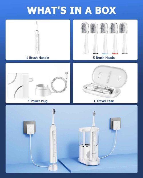 Electric Toothbrush with Water Flosser 3 in 1 Combo, Advanced 2.0 Flossing Toothbrush, Cordless Teeth Cleaning, 3 Modes&5 Speeds, Rechargeable Oral Dental Irrigator Kit for Adults, 5 Replacement Heads