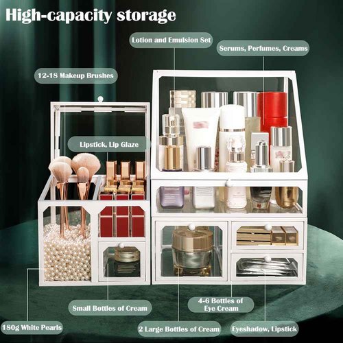 Haoh Glass Makeup Organizer Multi-Functional with Pearl Makeup Organizer with Drawers for Bathroom Vanity Organizer Skincare Lipstick Brushes