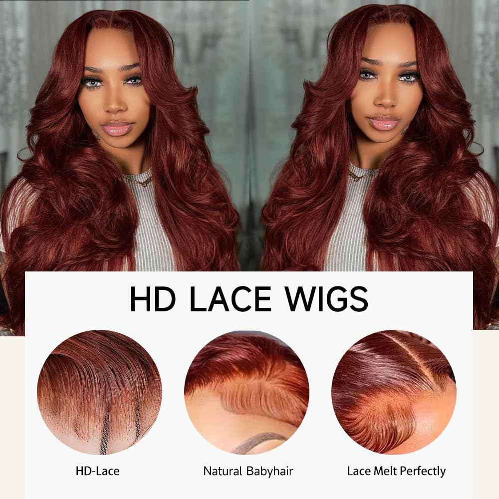 KEKEYY 28 Inch Reddish Brown Lace Front Wigs Human Hair Pre Plucked 200 Density Body Wave Lace Frontal Wig Human Hair 13x4 HD Lace Brown wig with baby hair