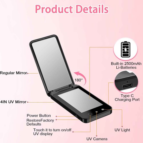 DESCHEN 2500mAh Rechargeable UV Camera UV Mirror for Sunscreen Test, 4 Inch Portable Double-Sided Travel Smart UV Lens Compact Detection Makeup Sunscreen Testing Camera Mirror, Skin Sun Protection