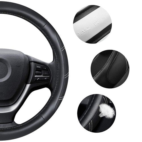 Elantrip Leather Steering Wheel Cover 15 1/2 to 16 inch Universal Large Soft Grip Breathable for Car Truck SUV Jeep Anti Slip Black